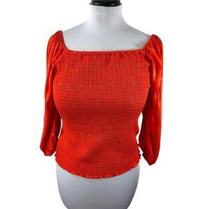Belldini Womens SZ L Fitted Rayon Puffed sleeves Stretchy Top Orange Gold NEW‎